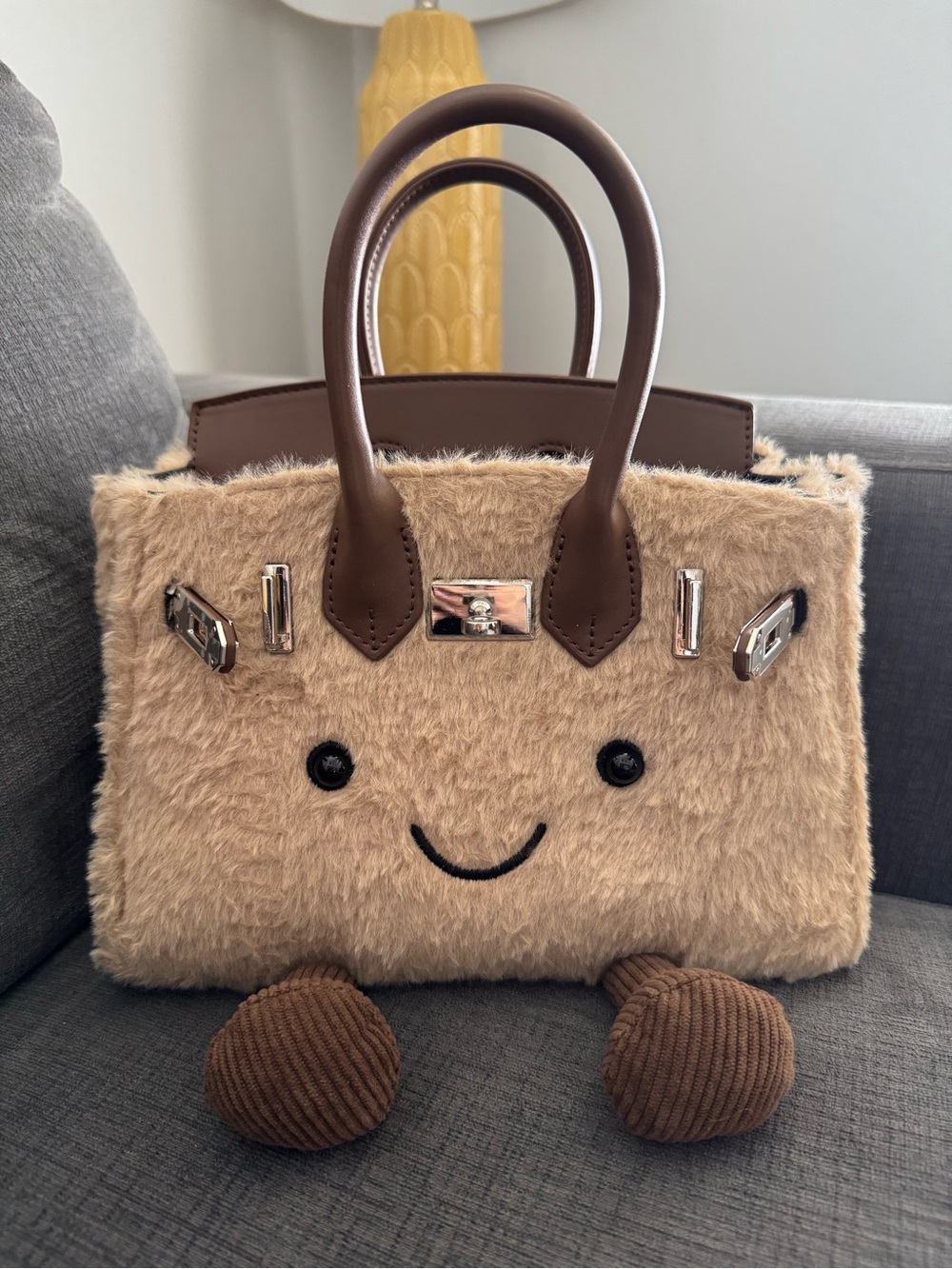 Plush Faux-Fur Top-Handle Bag in Light Brown Size 25